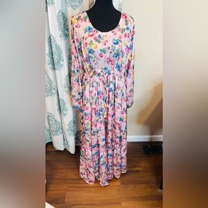 Women floral long dress pink silk feeling comfortable
